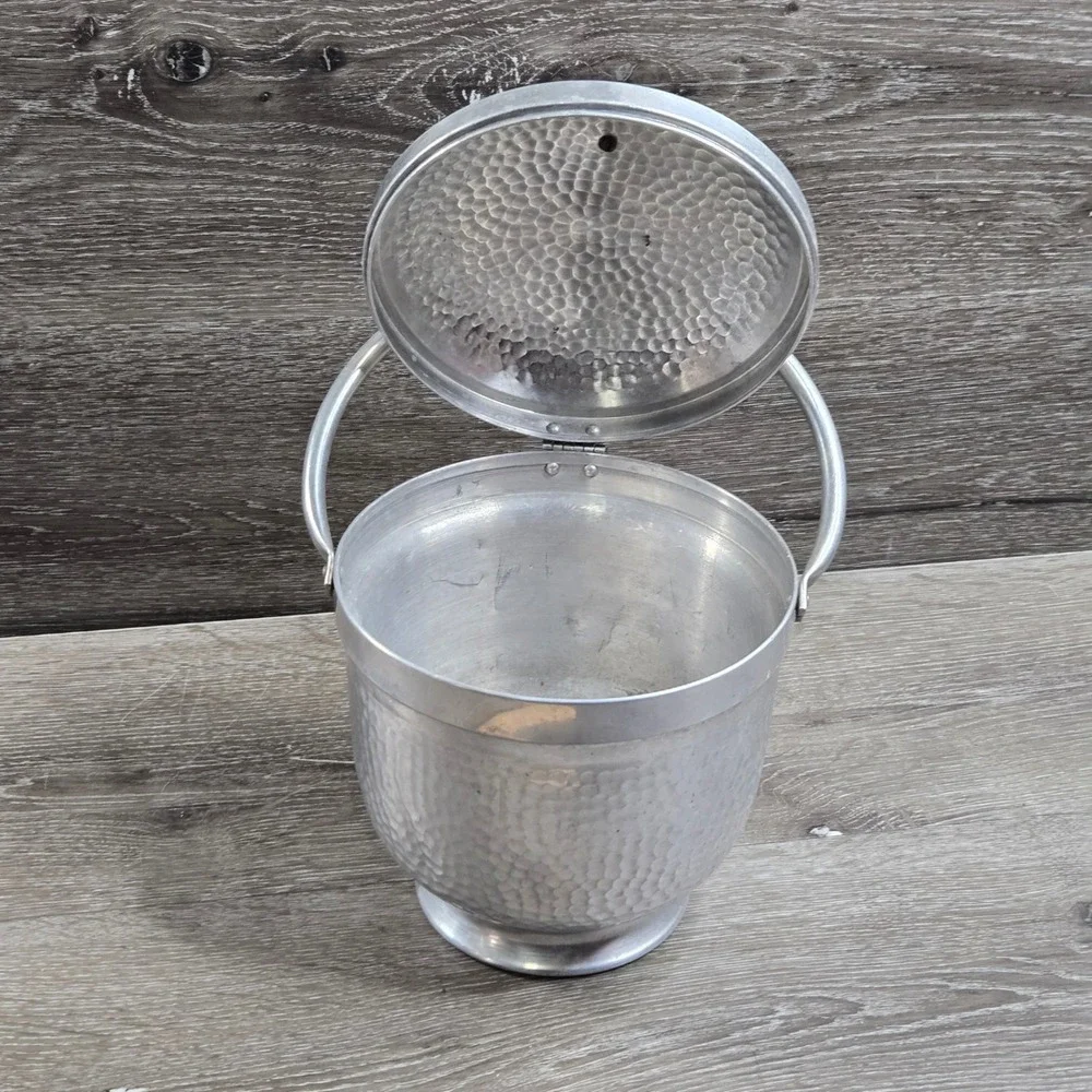 Vintage Mid Century Hammered Aluminum Lidded Ice Bucket with Handle Italy